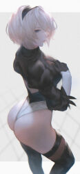 Rule 34 | 1girl, 2b (nier:automata), absurdres, artist name, ass, blue eyes, boots, breasts, closed mouth, commentary request, curvy, feather trim, from behind, gradient background, hairband, hand on own chest, hand up, highleg, highleg leotard, highres, huge ass, leotard, lips, long sleeves, looking at viewer, looking back, medium breasts, nier:automata, nier (series), puffy sleeves, shiny skin, short hair, signature, simple background, solo, thigh boots, thighhighs, thighs, thong leotard, turtleneck, white hair, white leotard, wide hips, yct (yoct o)