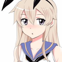 Rule 34 | 1girl, animal ears, blonde hair, blush, collarbone, commentary request, fake animal ears, grey eyes, hair between eyes, hair ornament, hairband, highres, inoue kousei, kantai collection, long hair, looking at viewer, nose blush, open mouth, rabbit ears, sailor collar, shadow, shimakaze (kancolle), shirt, sidelocks, sleeveless, sleeveless shirt, solo, tearing up, upper body, white background