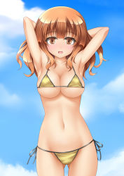 Rule 34 | 10s, 1girl, armpits, arms up, bikini, blush, breasts, brown eyes, brown hair, cleavage, collarbone, female focus, girls und panzer, gradient background, highres, large breasts, long hair, looking at viewer, navel, open mouth, roura, shiny skin, side-tie bikini bottom, skindentation, smile, solo, stomach, strap gap, swimsuit, takebe saori, thigh gap, yellow bikini