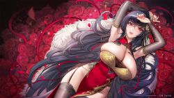 Rule 34 | 1girl, armpits, arms up, azur lane, bare hips, bare shoulders, black hair, black thighhighs, breasts, bursting breasts, china dress, chinese clothes, cleavage, collared dress, curvy, detached sleeves, dress, elbow gloves, flower, fur-trimmed jacket, fur trim, garter straps, gloves, hand on own head, highres, huge breasts, jacket, large breasts, lips, lipstick, long hair, looking at viewer, lying, makeup, nail polish, official alternate costume, on back, red dress, red eyes, red flower, red rose, ribbon, rose, seductive smile, skindentation, smile, solo, taihou (azur lane), taihou (phoenix&#039;s spring song) (azur lane), thighhighs, tsuki no i-min, very long hair, wide hips