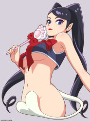 Rule 34 | 1girl, artist name, black hair, blush, bow, breasts, cat paw, convenient censoring, eyeshadow, go! princess precure, lipstick, long hair, looking at viewer, makeup, mama cure, miss siamour, miss siamour (human), navel, parted bangs, pointy ears, precure, solo, tail, twintails, underboob, very long hair
