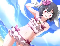 Rule 34 | 1girl, animal ears, armpits, bangle, beach, bikini, black hair, blue sky, blush, bracelet, rabbit ears, bwell, carrot, carrot necklace, cloud, day, dutch angle, fisheye, frilled bikini, frills, gluteal fold, hair ornament, inaba tewi, jewelry, looking at viewer, navel, necklace, open mouth, outdoors, pendant, red eyes, short hair, sky, solo, swimsuit, touhou, wet