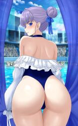 Rule 34 | 1girl, absurdres, ass, back, blue eyes, blue one-piece swimsuit, blue ribbon, blush, choker, curtains, fate/extra, fate/extra ccc, fate/grand order, fate (series), frilled sleeves, frills, from behind, hair bun, hair ribbon, highres, huge ass, long sleeves, looking at viewer, looking back, meltryllis, meltryllis (fate), meltryllis (swimsuit lancer) (fate), one-piece swimsuit, pool, poolside, public indecency, purple hair, raskasar, ribbon, shoulder blades, smile, swimsuit, thick thighs, thigh gap, thighs, thong, thong one-piece swimsuit, water, wide hips