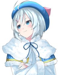 Rule 34 | .live, 1girl, antenna hair, artist request, blue eyes, blush, closed mouth, commentary request, crossed arms, hair ornament, hairclip, highres, looking away, short hair, silver hair, simple background, dennou shoujo siro, smile, solo, upper body, virtual youtuber