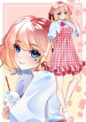 Rule 34 | 1girl, absurdres, ascot, blonde hair, blue hair, bob cut, bobby socks, border, bow, braid, breasts, chance (vtuber), closed mouth, clover, collared shirt, commentary, cup, disposable cup, dress, drinking straw, english commentary, eyes visible through hair, four-leaf clover, frilled dress, frills, full body, gradient background, gradient hair, hair bow, hand up, high heels, highres, hmmmanon, holding, holding cup, indie virtual youtuber, looking at viewer, medium breasts, medium hair, multicolored background, multicolored hair, outside border, pink background, pink dress, pink footwear, pink hair, plaid, plaid dress, puffy sleeves, red ascot, red bow, red ribbon, ribbon, shirt, side braid, single braid, sleeve ribbon, sleeveless, sleeveless dress, sleeves past elbows, socks, solo, standing, sticker on face, upper body, virtual youtuber, white border, white shirt, white socks, wing collar, yellow background, zoom layer