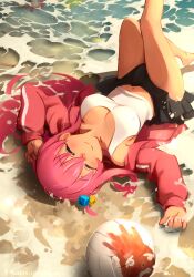 Rule 34 | 1girl, absurdres, ball, beach, black skirt, blood, bocchi the rock!, breasts, cast away, closed eyes, closed mouth, commentary, debris, english commentary, gotoh hitori, highres, jacket, khyle., knees up, large breasts, long hair, lying, miniskirt, on back, open clothes, open jacket, pink hair, pink jacket, skirt, smile, solo, tank top, thighs, track jacket, volleyball, volleyball (object), water, white tank top, wilson (cast away)