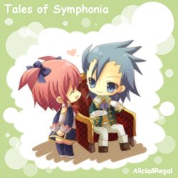 Rule 34 | 00s, 1boy, 1girl, alicia combatir, blue eyes, blue hair, boots, coat, dress, closed eyes, heart, long hair, lowres, open mouth, pants, pink hair, regal bryan, shoes, short hair, smile, tales of (series), tales of symphonia, thighhighs, twintails
