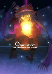 Rule 34 | absurdres, animal hat, bad id, bad pixiv id, black eyes, black pantyhose, cat hat, closed mouth, colored sclera, copyright name, english text, frown, glowing, hair between eyes, hat, head tilt, highres, holding, light bulb, light particles, looking at viewer, niko (oneshot), oneshot (game), pantyhose, purple scarf, ripples, scarf, sitting, sleeves past wrists, soaking feet, solo, tab (ltlitvz7), water, yellow sclera