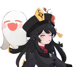 Rule 34 | 1girl, absurdres, black hair, black hat, blush, breasts, genshin impact, ghost, hat, head tilt, highres, hu tao (genshin impact), long hair, long sleeves, looking at viewer, mrbadartist, non-web source, red eyes, self-upload, smile, solo, tongue, tongue out