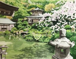 Rule 34 | architecture, bridge, bush, cherry blossoms, east asian architecture, fern, forest, highres, nature, no humans, original, painting (medium), plant, pond, reflection, reflective water, scenery, toirom pmxh, traditional media, tree, water, watercolor (medium)