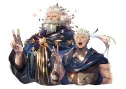 Rule 34 | 2boys, armor, beard, biceps, blue cape, cape, cloak, closed eyes, commentary request, dual persona, facial hair, fate/grand order, fate (series), flower, happy aura, highres, male focus, multiple boys, muscular, muscular male, no-kan, open mouth, ptolemy (fate), smile, upper body, v, white background, white hair