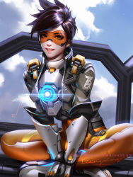 Rule 34 | 1girl, bodysuit, bodysuit under clothes, brown hair, chest harness, cloud, cloudy sky, crossed legs, day, glowing, goggles, harness, highres, liang xing, looking at viewer, orange-tinted eyewear, overwatch, overwatch 1, overwatch 2, sitting, sky, smile, spread legs, tagme, tinted eyewear, tracer (overwatch)