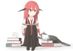 Rule 34 | 1girl, :o, armband, bad id, bad pixiv id, bat wings, black pantyhose, book, book stack, bookmark, cat, collared shirt, commentary request, cup, dress shirt, full body, head wings, hinami047, holding, holding book, koakuma, long sleeves, mug, necktie, no shoes, open book, pantyhose, reading, red eyes, red hair, red necktie, shirt, sitting, skirt, skirt set, teabag, touhou, vest, white shirt, wings