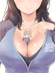 Rule 34 | 10s, 2girls, aki (girls und panzer), between breasts, blue jacket, breast focus, breasts, brown hair, chibi, cleavage, collarbone, figurehead (artist), giant, giantess, girls und panzer, green eyes, hand on own cheek, hand on own face, head out of frame, jacket, large breasts, lips, looking at viewer, mika (girls und panzer), mini person, minigirl, multiple girls, open clothes, open jacket, person between breasts, ponytail, simple background, smile, white background