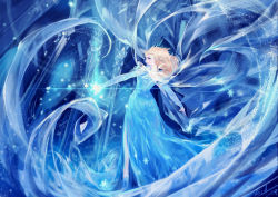 Rule 34 | 1girl, absurdres, alcd, blonde hair, blue eyes, dress, elsa (frozen), frozen (disney), highres, ice, long hair, looking at viewer, looking back, magic, sequins, smile, solo