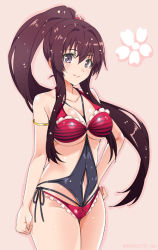 Rule 34 | 10s, 1girl, blush, breasts, brown eyes, brown hair, cherry blossoms, clothing cutout, female focus, flower, hair flower, hair ornament, hand on own hip, kantai collection, kantai collection (anime), large breasts, long hair, looking at viewer, mizuki makoto, navel cutout, ponytail, simple background, smile, solo, swimsuit, very long hair, yamato (kancolle)