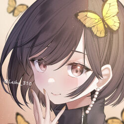 Rule 34 | 1girl, brown eyes, brown hair, bug, butterfly, earrings, hand up, high collar, highres, insect, jewelry, looking at viewer, lushuao, pearl earrings, portrait, project sekai, shinonome ena, short hair, smile, solo, turtleneck