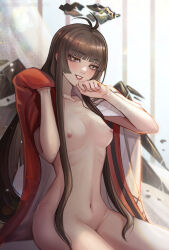 Rule 34 | 1girl, antenna hair, arknights, artist name, bed, bed sheet, black eyes, black hair, black halo, black wings, blunt bangs, blurry, blurry background, blush, breasts, broken halo, buckle, chinese commentary, cleavage, commentary request, completely nude, cowboy shot, curtains, dark halo, dated, depth of field, detached wings, energy wings, eyelashes, hairtail, halo, hand on own chin, hands up, highres, hime cut, holding, holding sheet, indoors, lens flare, light particles, light rays, lips, lipstick, long hair, looking at viewer, makeup, medium breasts, mole, mole under eye, navel, nipples, nude, on bed, open mouth, pale skin, red lips, ribs, sidelocks, sitting, skinny, smile, solo, stomach, sunbeam, sunlight, underboob, virtuosa (arknights), white curtains, wings