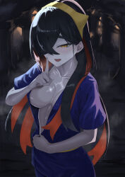 Rule 34 | 1girl, absurdres, black hair, blush, breasts, carmine (pokemon), clenched hands, collarbone, colored inner hair, creatures (company), crossed bangs, fanny pack, female focus, game freak, hair between eyes, hair ornament, hairband, half-closed eyes, hand up, highres, ichikwa01, index finger raised, japanese clothes, jinbei (clothes), long hair, looking at viewer, medium breasts, mole, mole under eye, multicolored hair, neck, nintendo, no bra, official alternate costume, open clothes, open mouth, open shirt, outdoors, pale skin, pokemon, pokemon sv, red hair, seductive smile, short sleeves, shorts, sidelocks, smile, standing, two-tone hair, upper body, wavy hair, wide sleeves, yellow eyes, yellow hairband