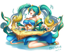 Rule 34 | 1girl, abe takakazu, bare shoulders, barefoot, blonde hair, breast rest, breasts, brown eyes, chan qi (fireworkhouse), chanseven, colored eyelashes, dated, feet, gradient hair, green hair, harp, highres, huge breasts, instrument, kuso miso technique, league of legends, long hair, looking at viewer, multicolored hair, musical note, shadow, signature, sitting, smile, sona (league of legends), teemo, toeless legwear, toes, very long hair, wariza