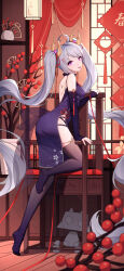 Rule 34 | 1girl, absurdres, black sleeves, blue dress, blurry, blurry foreground, chair, china dress, chinese clothes, detached sleeves, dress, floating hair, from side, grey hair, grey thighhighs, hair ribbon, head tilt, highres, horcrux college, indoors, long hair, long sleeves, looking at viewer, red eyes, red ribbon, ribbon, sleeveless, sleeveless dress, sleeves past wrists, solo, thighhighs, tongue, tongue out, twintails, very long hair, wo you yibei jia wanli, wooden floor