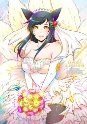 Rule 34 | 1girl, absurdres, ahri (league of legends), animal ears, bare shoulders, black hair, black thighhighs, blush, bouquet, breasts, bridal veil, cleavage, dress, elbow gloves, facial mark, flower, fox ears, fox tail, gloves, hair flower, hair ornament, highres, inari, kirej, large breasts, league of legends, long hair, multiple tails, smile, solo, strapless, strapless dress, tail, thighhighs, veil, wedding dress, whisker markings, white dress, yellow eyes