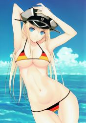Rule 34 | 10s, 1girl, :o, absurdres, armpits, arms up, bikini, bismarck (kancolle), blonde hair, blue eyes, breasts, cleavage, cloud, day, female focus, flag print, german flag, german flag bikini, germany, hat, highres, kamimiya, kantai collection, large breasts, long hair, looking at viewer, multicolored bikini, multicolored clothes, multicolored stripes, navel, ocean, print bikini, sky, solo, striped, swimsuit, thigh gap