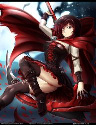 Rule 34 | 1girl, absurdres, boots, cape, corset, crescent rose, full moon, gothic lolita, grey eyes, highres, lolita fashion, moon, panties, red hair, red panties, ruby rose, rwby, solo, thighhighs, thighs, underwear, vilde loh hocen, watermark, web address