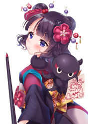 Rule 34 | 1girl, black hair, blue eyes, blush, commentary request, doodle, fate/grand order, fate (series), flower, hair flower, hair ornament, hairpin, highres, japanese clothes, katsushika hokusai (fate), kimono, ko yu, looking at viewer, obi, octopus, paintbrush, sash, short hair, simple background, solo, white background