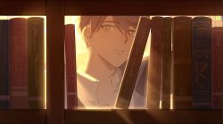 Rule 34 | 1boy, backlighting, book, bookshelf, bookshelf pov, brown eyes, brown hair, check copyright, commentary request, copyright request, looking at viewer, male focus, meru02295238, original, parted lips, portrait, solo, surprised