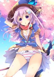 Rule 34 | 10s, 1girl, blush, breasts, broom, day, female focus, four goddesses online: cyber dimension neptune, hair ornament, hat, hinata yuu (atelierhinata), long hair, looking at viewer, medium breasts, nepgear, neptune (series), outdoors, panties, purple eyes, purple hair, smile, solo, striped clothes, striped panties, underwear, witch, witch hat