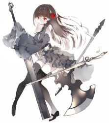 Rule 34 | 1girl, axe, bare shoulders, battle axe, black dress, black footwear, black thighhighs, breasts, brown hair, commentary request, dress, flower, hair flower, hair ornament, highres, holding, holding sword, holding weapon, kotatu (akaki01aoki00), long hair, looking at viewer, medium breasts, original, parted lips, red eyes, red flower, shoes, simple background, sleeveless, sleeveless dress, solo, sword, thighhighs, very long hair, weapon, white background