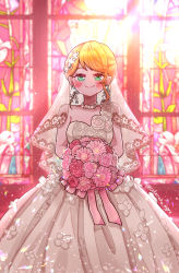 Rule 34 | 1girl, alternate costume, alternate hairstyle, backlighting, blurry, blurry background, blush, bouquet, bride, choker, dress, earrings, floral print, flower, green eyes, hair flower, hair ornament, hair up, haruna konomi, highres, holding, holding bouquet, jewelry, long dress, looking at viewer, magia record: mahou shoujo madoka magica gaiden, mahou shoujo madoka magica, no nose, orange hair, pink background, pink flower, print dress, single strap, smile, solo, sparkle, stained glass, takenoko mgrc, twitter username, veil, wedding dress, white choker, white dress, white flower