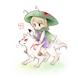 Rule 34 | 1girl, amaterasu (ookami), animal, bad id, bad pixiv id, black eyes, blush, boots, brown footwear, brown hair, cape, chibi, cosplay, crossover, dress, green cape, green headwear, hat, idolmaster, idolmaster cinderella girls, issun, issun (cosplay), long hair, morikubo nono, ookami (game), open mouth, paintbrush, purple dress, riding, ringlets, swept bangs, uccow, white background, wolf