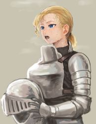 Rule 34 | 1girl, absurdres, armor, blonde hair, blue eyes, breastplate, chanta (ayatakaoisii), female knight, from side, gauntlets, grey background, unworn headwear, helmet, unworn helmet, highres, holding, holding helmet, knight, medium hair, open mouth, original, ponytail, simple background, solo, steaming body, sweat, upper body, visor (armor)