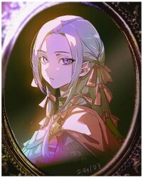 Rule 34 | 1girl, ascot, border, bow, cape, commentary, dated, edelgard von hresvelg, english commentary, fire emblem, fire emblem: three houses, frown, grey hair, grey shirt, hair bow, haun, long hair, looking at viewer, nintendo, parted bangs, picture frame, portrait, purple eyes, red bow, red cape, shirt, solo, upper body