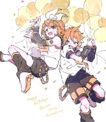 Rule 34 | 1boy, 1girl, :d, ahoge, anniversary, balloon, bare shoulders, blonde hair, blue eyes, blush, bow, brother and sister, confetti, detached sleeves, fang, hair bow, hair ornament, hairclip, happy birthday, hazime, headphones, headset, highres, holding, holding balloon, kagamine len, kagamine rin, knee up, leg warmers, looking at another, looking at viewer, midriff peek, neckerchief, necktie, number tattoo, on one knee, open mouth, sailor collar, shirt, shoes, short hair, short ponytail, short sleeves, shorts, shoulder tattoo, siblings, sideways glance, sketch, sleeveless, sleeveless shirt, smile, sneakers, tattoo, twins, vocaloid, white bow, yellow neckerchief, yellow necktie