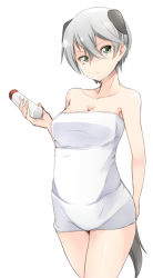 Rule 34 | 1girl, amai nekuta, animal ears, breasts, cleavage, collarbone, dog ears, dog tail, green eyes, hair between eyes, highres, laura toth, naked towel, short hair, silver hair, simple background, solo, strike witches, strike witches: katayoku no majo-tachi, tail, towel, white background, world witches series