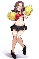 Rule 34 | 1girl, black skirt, blush, breasts, brown eyes, brown hair, buta-don, cheerleader, collarbone, full body, grace maitland steward, highres, long hair, looking at viewer, luminous witches, medium breasts, microskirt, navel, one eye closed, open mouth, pom pom (cheerleading), simple background, skirt, smile, solo, underboob, white background, world witches series