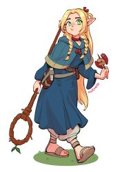 Rule 34 | 1girl, :t, absurdres, blonde hair, braid, dungeon meshi, eating, elf, feet, food, green eyes, highres, holding, holding food, hood, long hair, long sleeves, looking at viewer, mage staff, marcille donato, parted bangs, pointy ears, sandals, simple background, solo, toes, xela