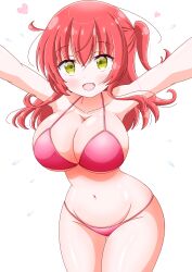 Rule 34 | 1girl, alternate breast size, arms up, bikini, blush, bocchi the rock!, breasts, cleavage, collarbone, cowboy shot, dot nose, eyebrows, female focus, flying sweatdrops, heart, highres, imai kazunari, kita ikuyo, large breasts, leaning forward, long hair, looking at viewer, navel, open mouth, pink bikini, ponytail, red hair, short ponytail, side ponytail, solo, standing, swimsuit, thigh gap, thighs, wide hips, yellow eyes