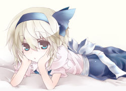 Rule 34 | 1girl, alice margatroid, alice margatroid (pc-98), bad id, bad pixiv id, blonde hair, blue eyes, child, female focus, hair ribbon, hands on another&#039;s cheeks, hands on another&#039;s face, hands on own cheeks, hands on own face, lying, on stomach, ribbon, solo, toraneko, touhou, touhou (pc-98)