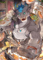 2boys absurdres apron aqua_eyes aqua_sclera basket belt blue_hair claws closed_mouth colored_sclera commission cooking cporing doorway dragon eastern_dragon fire food fried_egg frying_pan furry furry_male gem grill grilling highres holding holding_frying_pan horns indoors jar jewelry large_pectorals legs_apart long_pointy_ears male_focus meat multiple_boys muscular muscular_male necklace nostrils open_mouth original pectorals plate pointy_ears red_hair red_sclera shadow sharp_teeth shelf shoulder_strap slit_pupils spatula standing tail teeth tile_floor tiles tossing upper_body v-shaped_eyebrows white_apron