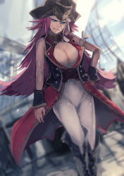 Rule 34 | 10s, 1girl, absurdres, bare shoulders, blue eyes, blurry, blurry background, boots, breasts, cleavage, commentary request, corset, cross-laced footwear, day, fate/extra, fate/grand order, fate (series), francis drake (fate), hat, headband, highres, knee boots, lace-up boots, large breasts, long hair, military, military uniform, misaki nonaka, outdoors, pink hair, pirate hat, scar, scar on face, ship, sky, sleeveless, solo, uniform, very long hair, watercraft, wrist cuffs