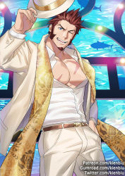 Rule 34 | 1boy, abs, bara, beard, belt, blue eyes, brown hair, facial hair, fate/grand order, fate (series), hand in pocket, hat, kienbiu, large pectorals, long sideburns, long sleeves, looking at viewer, male focus, muscular, napoleon bonaparte (fate), official alternate costume, one eye closed, open clothes, paid reward available, pants, pectorals, scar, scarf, sideburns, smile, solo