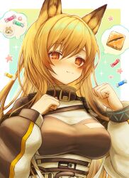 Rule 34 | + +, 1girl, 3 (sanyako1), animal ears, arknights, baklava, belt, blonde hair, blush, bracelet, breasts, buckle, candy, ceobe (arknights), closed mouth, collar, dog ears, food, gradient background, highres, impossible clothes, infection monitor (arknights), jewelry, large breasts, long hair, looking at viewer, red eyes, smile, solo, sparkle, star (symbol), thought bubble, underbust, upper body