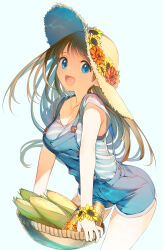 Rule 34 | 1girl, basket, blue eyes, breasts, brown hair, can, cleavage, corn, cropped legs, denim, denim shorts, flower, food, hat, hat flower, highres, holding, holding basket, leaning forward, long hair, looking at viewer, medium breasts, open mouth, original, overall shorts, overalls, red flower, shirt, short sleeves, shorts, simple background, solo, sparkle, straw hat, striped clothes, striped shirt, suspender shorts, suspenders, tatami to hinoki, white background, yellow flower