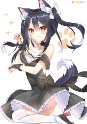 Rule 34 | 1girl, animal ear fluff, animal ears, azur lane, bare shoulders, black bow, black dress, black footwear, black hair, blush, bow, breasts, bridal gauntlets, cleavage, closed mouth, collarbone, commentary request, dress, fang, fang out, frilled dress, frills, hair between eyes, hair bow, highres, long hair, medium breasts, multicolored hair, paw print, paw print background, red eyes, rudder footwear, shigure (azur lane), shigure (the ballroom&#039;s lucky star) (azur lane), shoes, simple background, smile, solo, sparkle, standing, standing on one leg, t@ke-g, tail, thighhighs, twintails, twitter username, two-tone hair, v-shaped eyebrows, white background, white bow, white hair, white thighhighs, wolf ears, wolf girl, wolf tail
