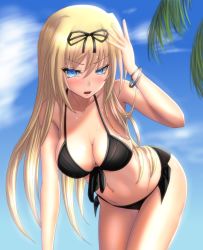 Rule 34 | 1girl, bikini, blonde hair, blue eyes, blue sky, breasts, cleavage, cloud, commentary request, cornelia (sennen sensou aigis), cowboy shot, day, free note017, hair ribbon, leaning forward, long hair, looking at viewer, medium breasts, open mouth, outdoors, palm leaf, ribbon, sennen sensou aigis, side-tie bikini bottom, sky, solo, standing, swimsuit, very long hair