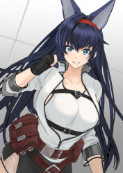 Rule 34 | 1girl, :d, arknights, belt, belt pouch, black gloves, black hair, black skirt, blaze (arknights), blue eyes, breasts, cat, collarbone, cowboy shot, gloves, grin, hairband, highres, jacket, large breasts, long hair, long sleeves, looking at viewer, open clothes, open jacket, open mouth, oyatsu 0, parted lips, partially fingerless gloves, pouch, red hairband, shirt, skirt, smile, solo, tank top, very long hair, white jacket, white shirt